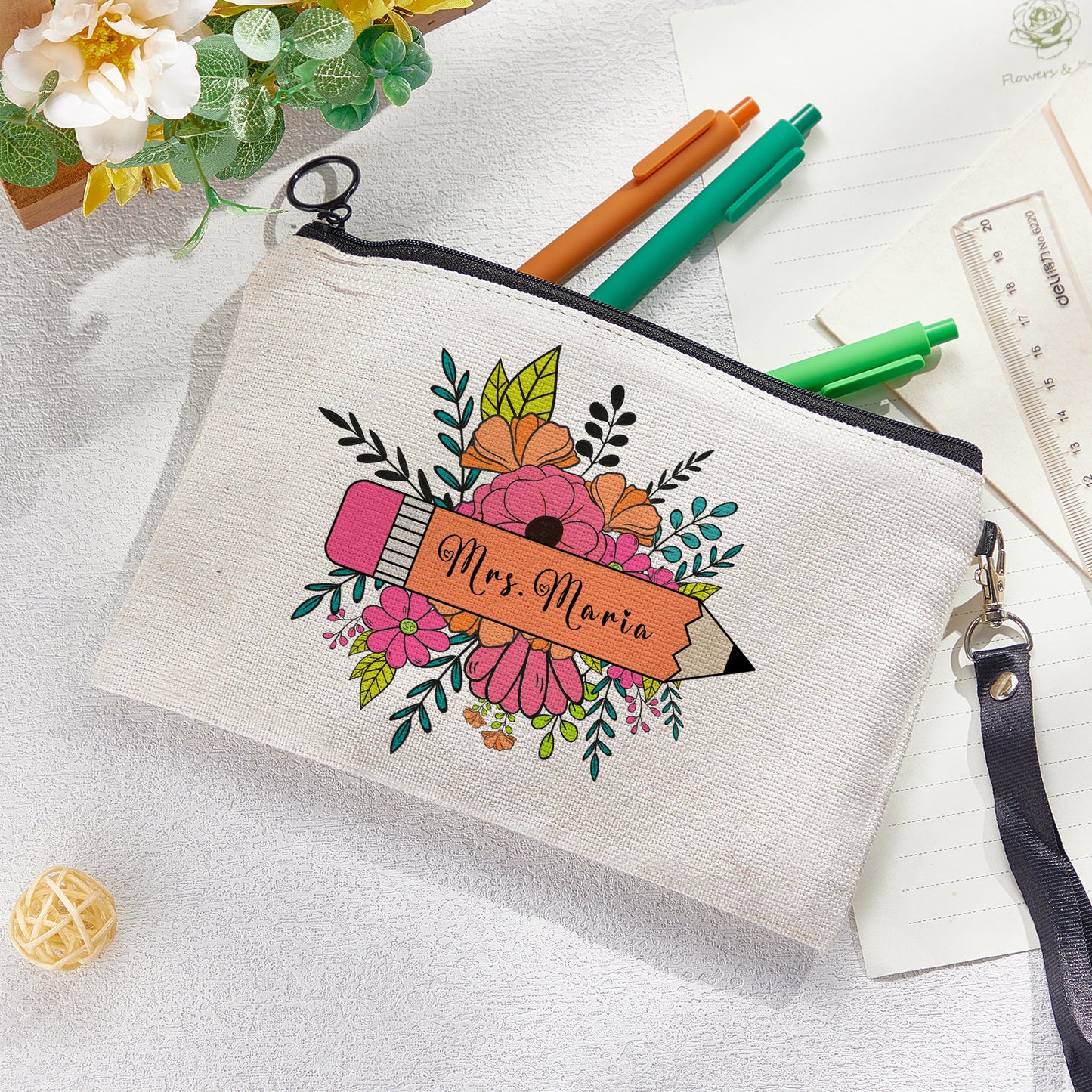 Personalized Flower Pencil Canvas Makeup Bag with Name Appreciation Back to School Gift for Teacher