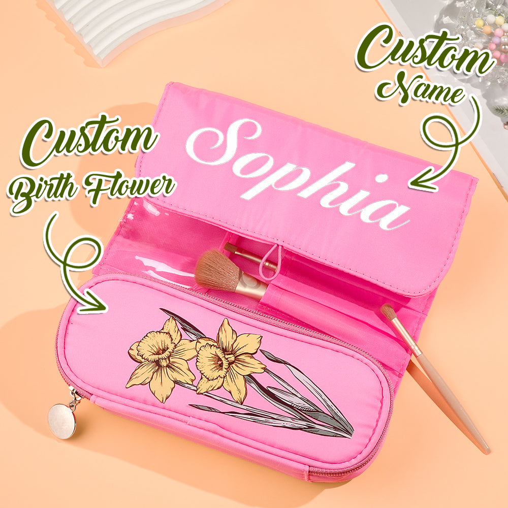 Personalized Birth Flower Makeup Brush Bag with Name Cosmetic Bag Birthday Gift for Women