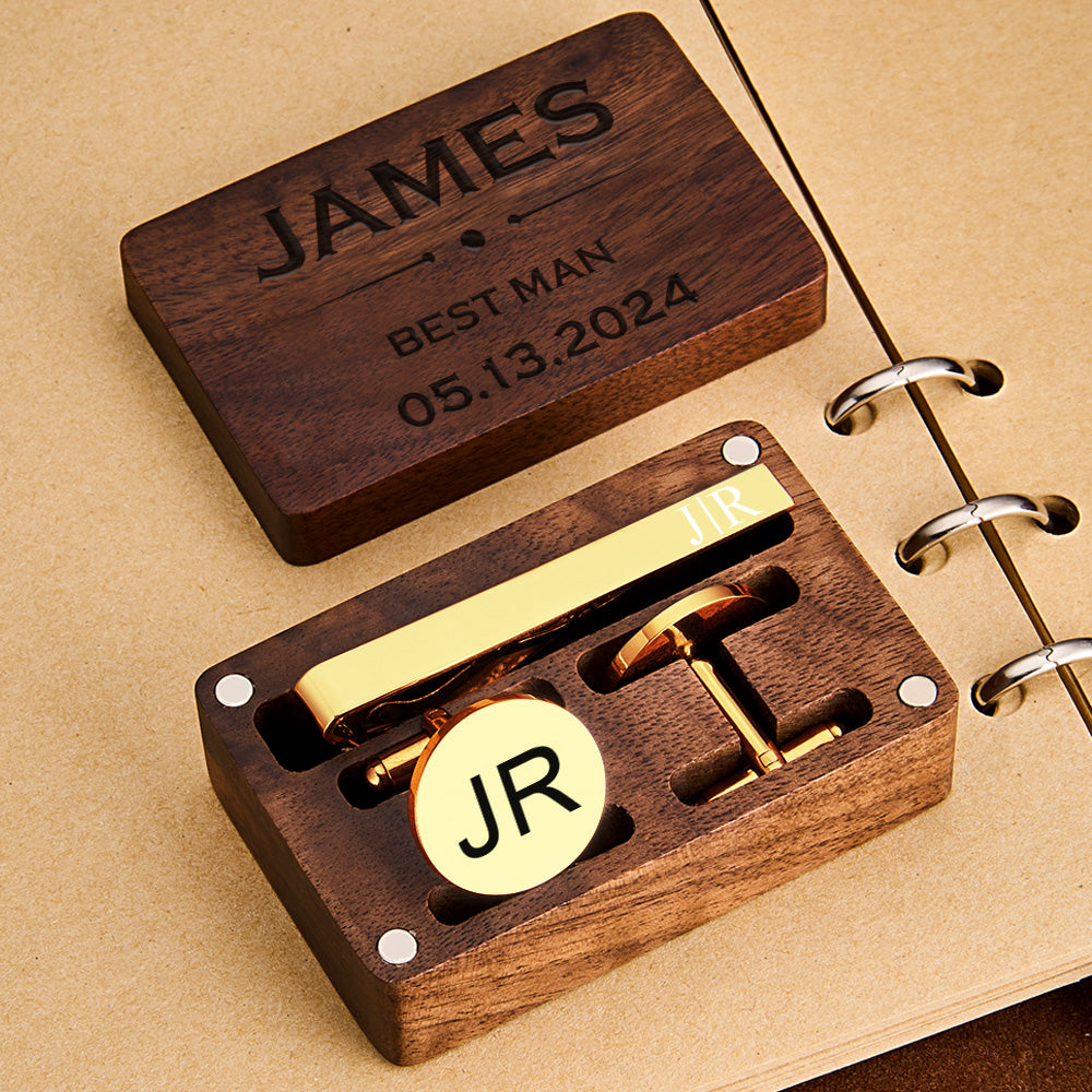 Personalized Engraved Tie Clip and Cufflinks Set with Wooden Box Wedding Gifts for Groomsmen