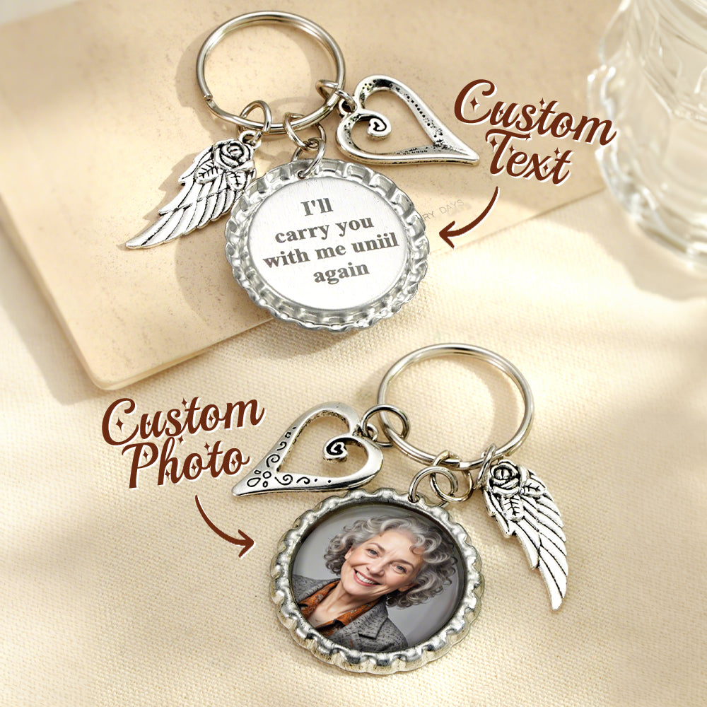 Personalized Photo Keychain with Text Heart Wing Keychain Memorial Gift