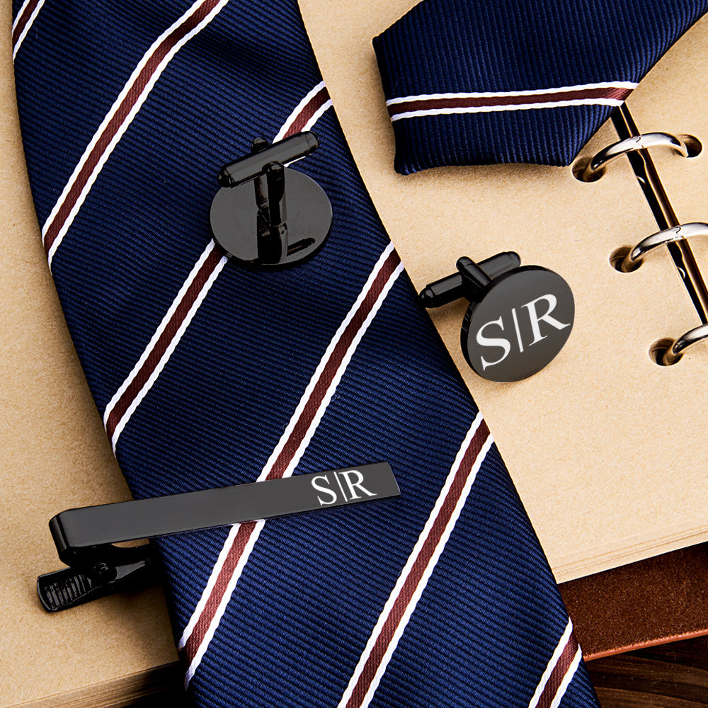 Personalized Engraved Tie Clip and Cufflinks Set with Wooden Box Wedding Gift for Men Groomsmen