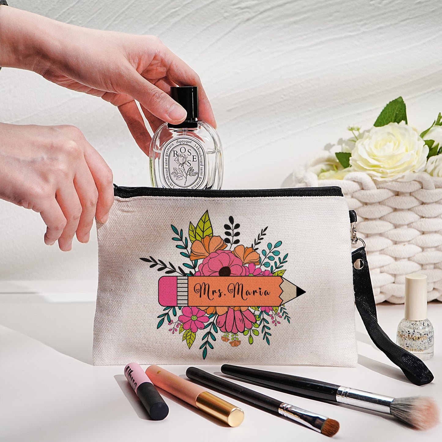 Personalized Flower Pencil Canvas Makeup Bag with Name Appreciation Back to School Gift for Teacher