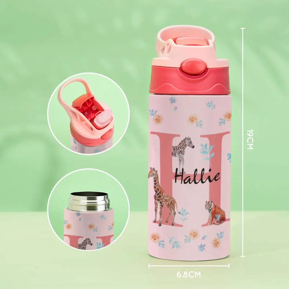 Personalized 12oz Water Bottle with Straw Animal Jungle Water Bottle Birthday Gift for Kids