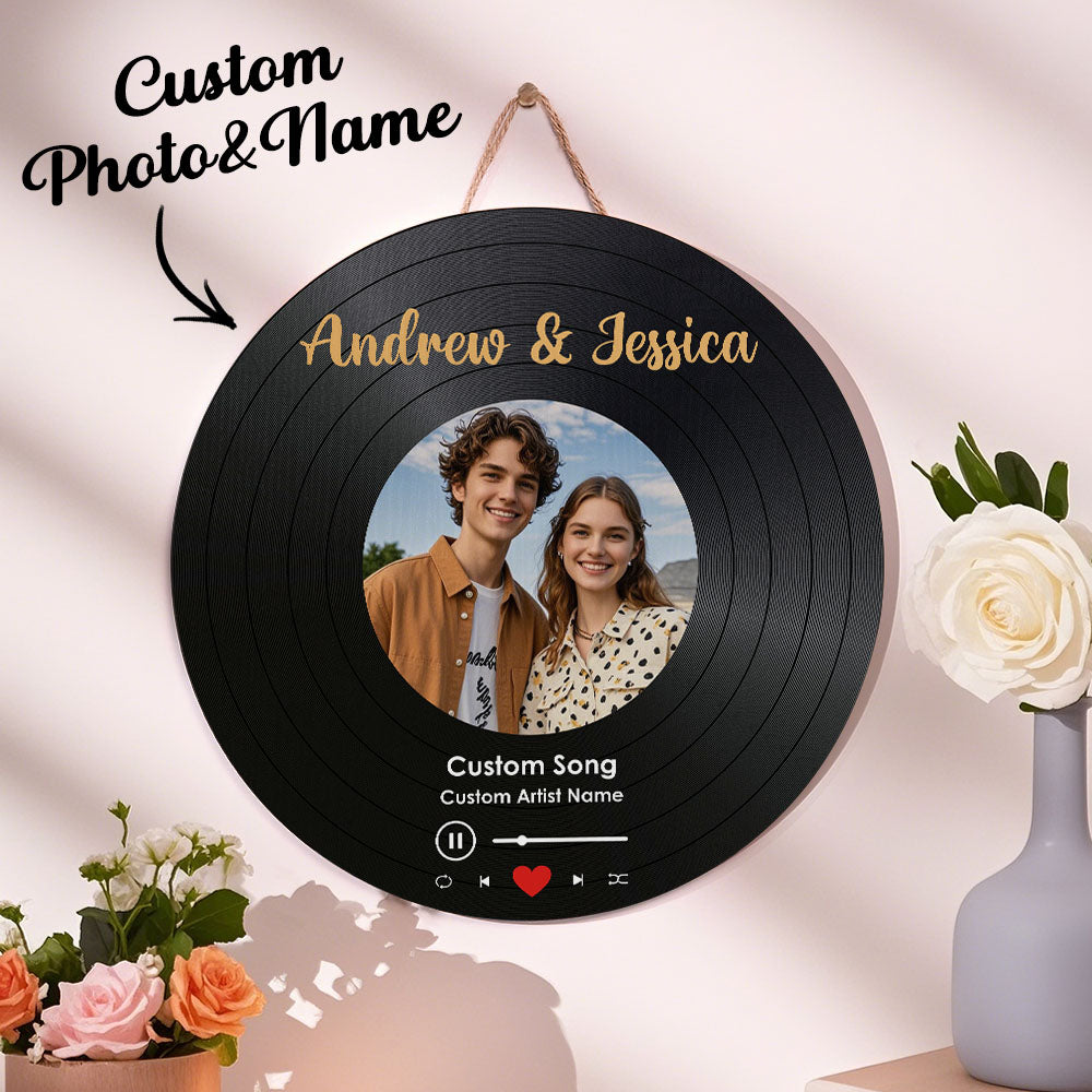 Personalized Music Vinyl Record Photo Round Wood Sign Gift for Lover