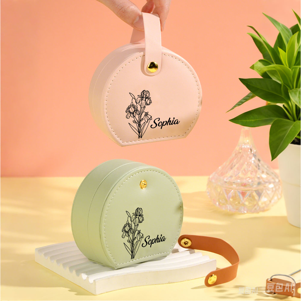 Personalized Birth Flower PU Leather Jewelry Box with Name Jewelry Box Gift for Her