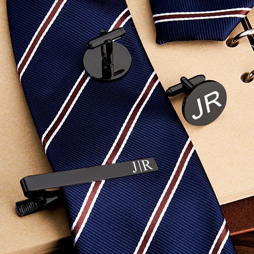 Personalized Engraved Tie Clip and Cufflinks Set with Wooden Box Wedding Gifts for Groomsmen