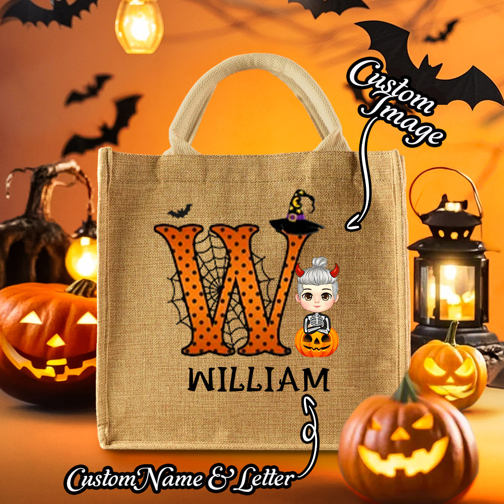 Personalized Cartoon Character Pumpkin Design Trick or Treat Candy Jute Tote Bag with Initial & Name Halloween Party Favors Gift for Kids