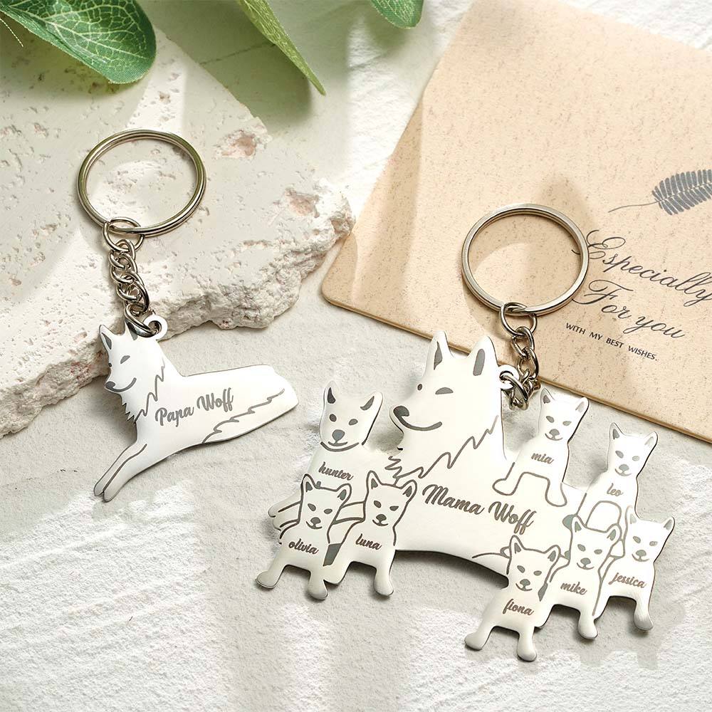 Personalized Wolf Keychain with Engraved Family Names Gift for Family