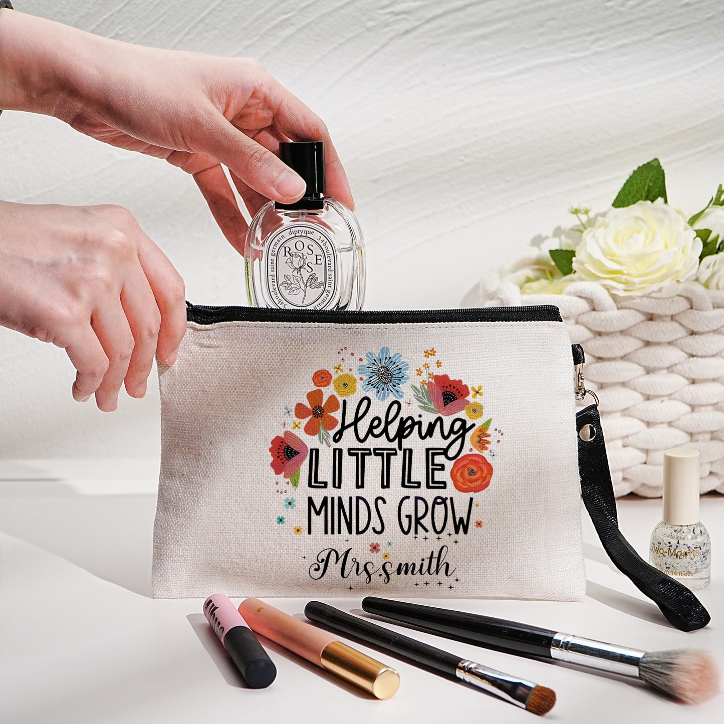 Personalized Flower Pencil Canvas Makeup Bag with Name Appreciation Back to School Gift for Teacher