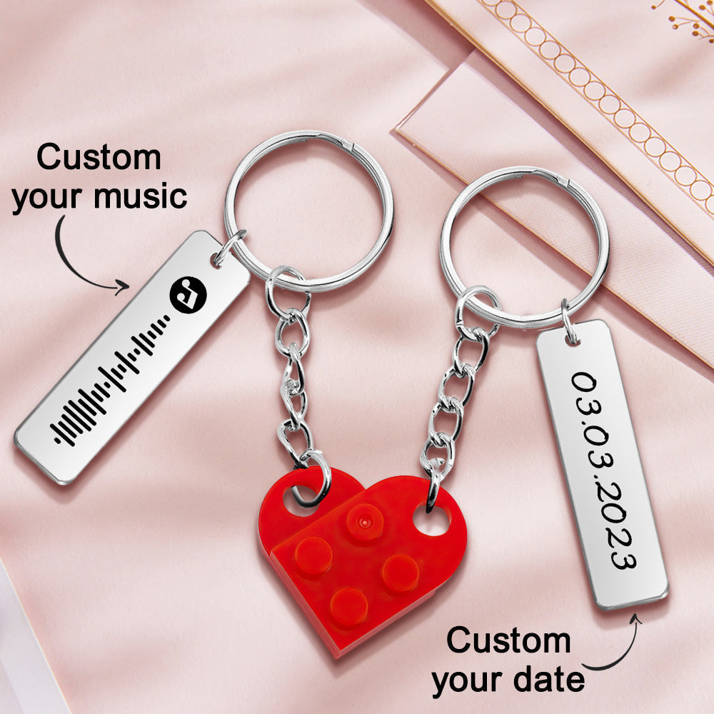 Personalized Music Code and Date Matching Couples Love Heart Bricks Keychain for Couples