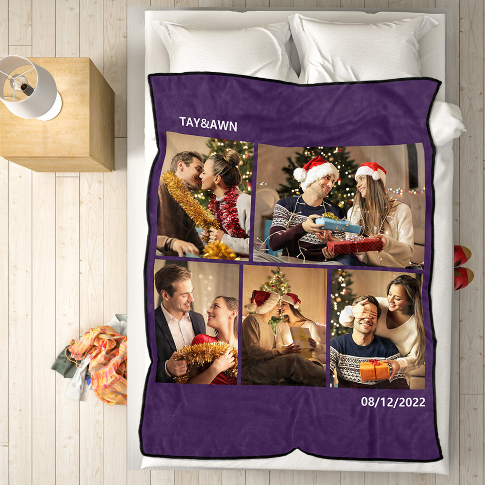 Personalised 5 Photos Fleece Blankets Custom Text Throw Couples Blanket