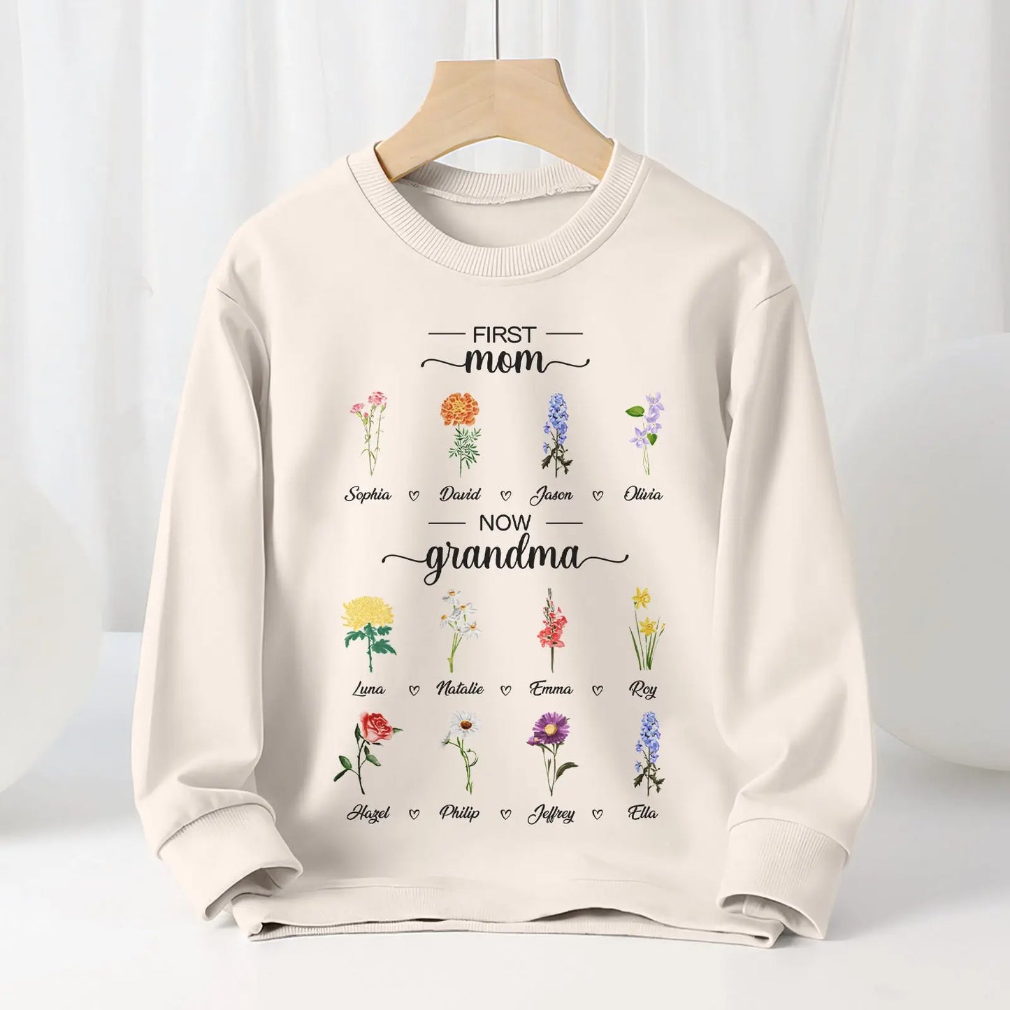 Personalized First Mom Now Grandma Sweatshirt Custom Birth Flowers Sweatshirts for Mother's Day Gift