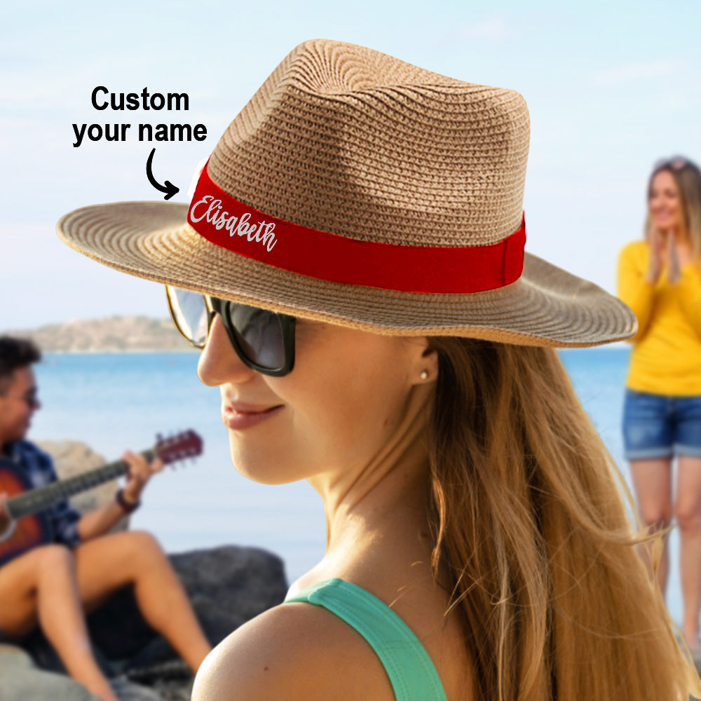 Personalized Straw Fedora Hat with Red Band Custom Beach Hat Gift for Bridesmaid Friends Family Bachelorette Party