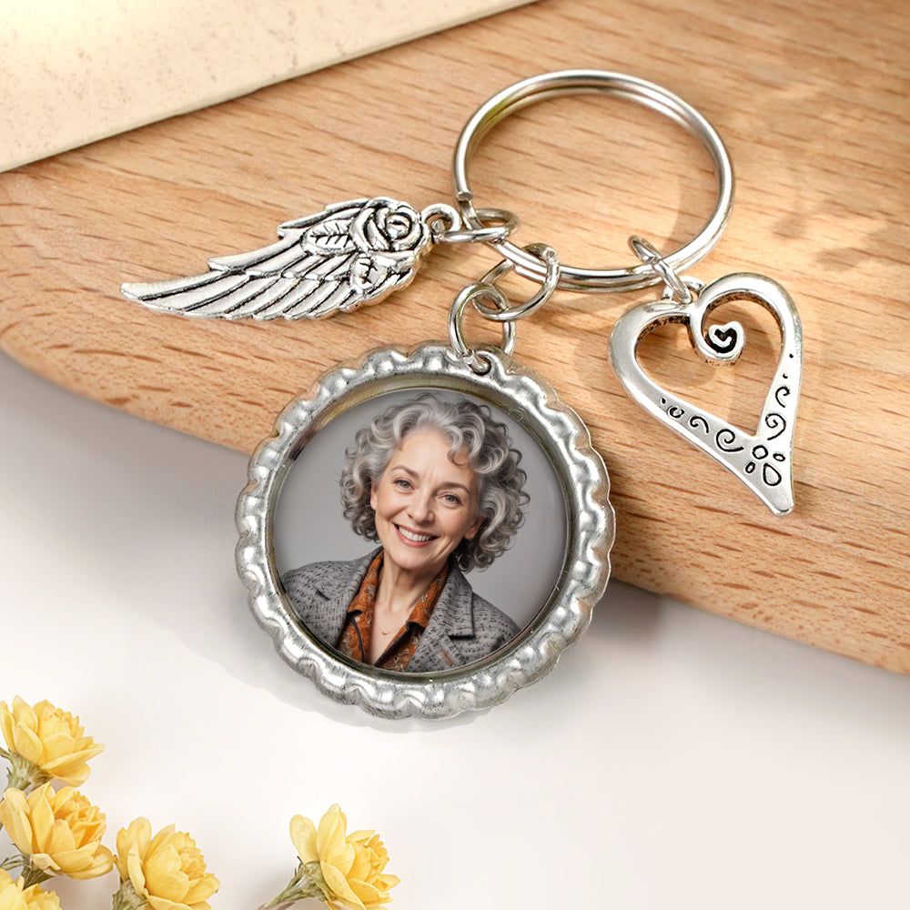 Personalized Photo Keychain with Text Heart Wing Keychain Memorial Gift