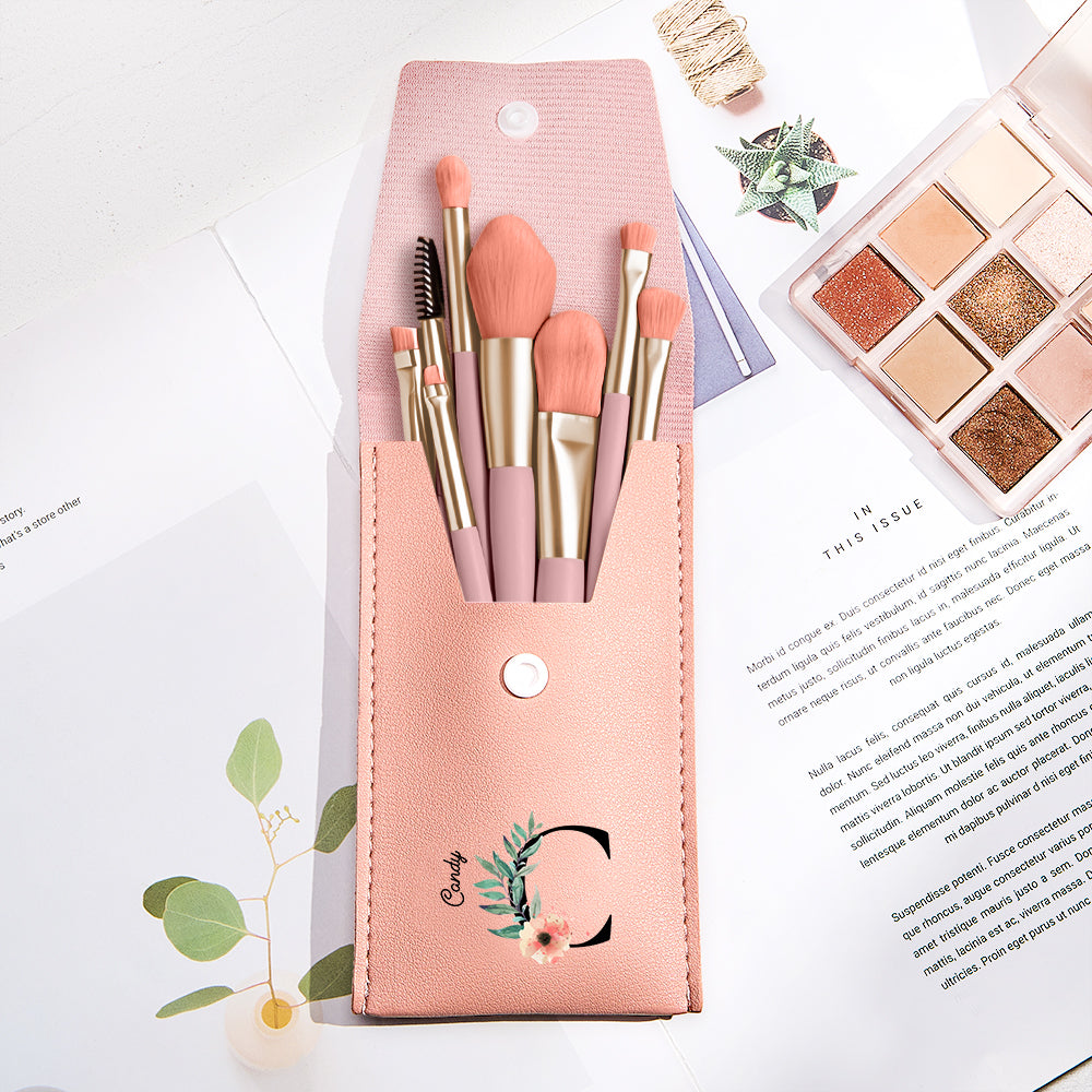 Personalized Flower PU Leather Makeup Brush Bag with 8 Pcs Makeup Brushes Gift for Her