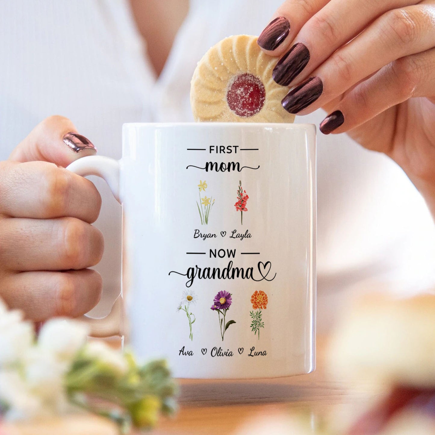 Personalized First Mom Now Grandma Mug Birth Flowers Ceramic Mug for Mother's Day Gifts