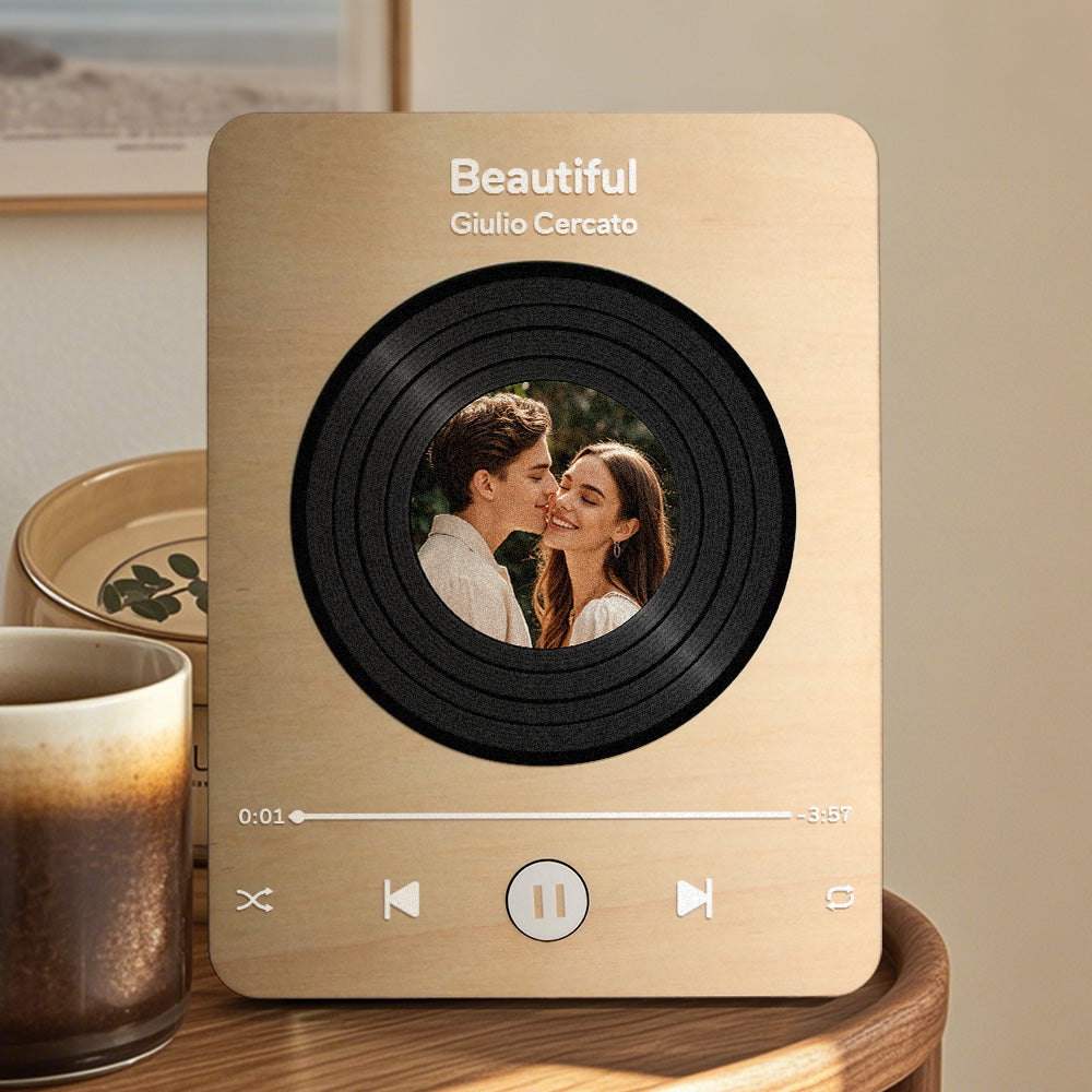 Personalized Photo Wooden Music Record Player Wedding Anniversary Gift for Couples