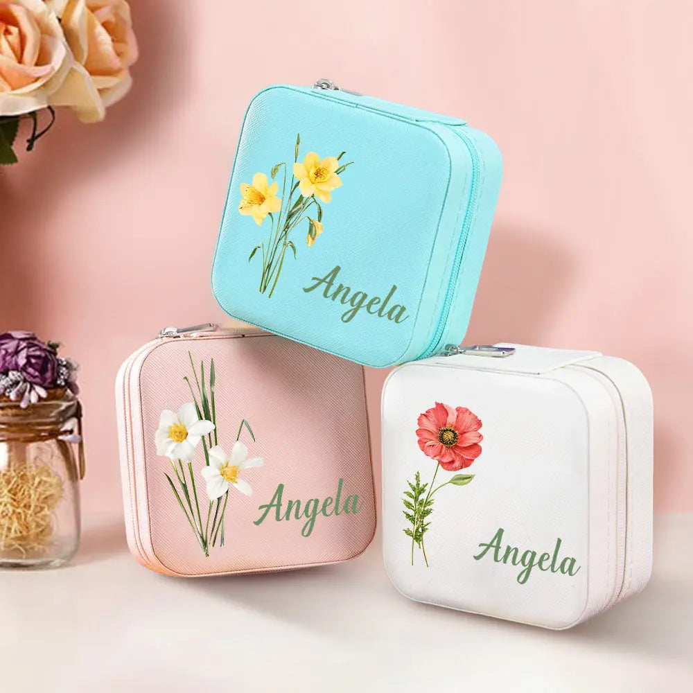 Personalized Name PU Leather Jewelry Box Birthflower Jewelry Organizer Gifts for Her Wedding Gift