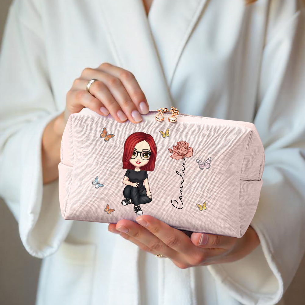 Personalized Cartoon Character Makeup Bag with Birth Flower PU Leather Cosmetic Bag Gift for Her